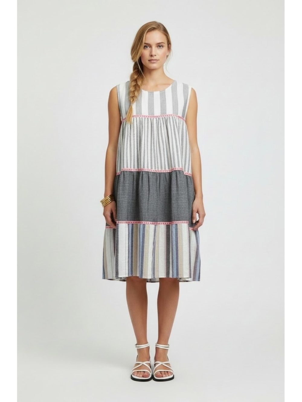 Entro Seaside Stroll Striped Tiered Shift Dress - Small - FLAWS